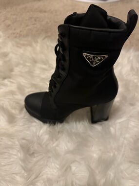 Prada Black Lace-Up Heeled Ankle Boots with Logo Plaque